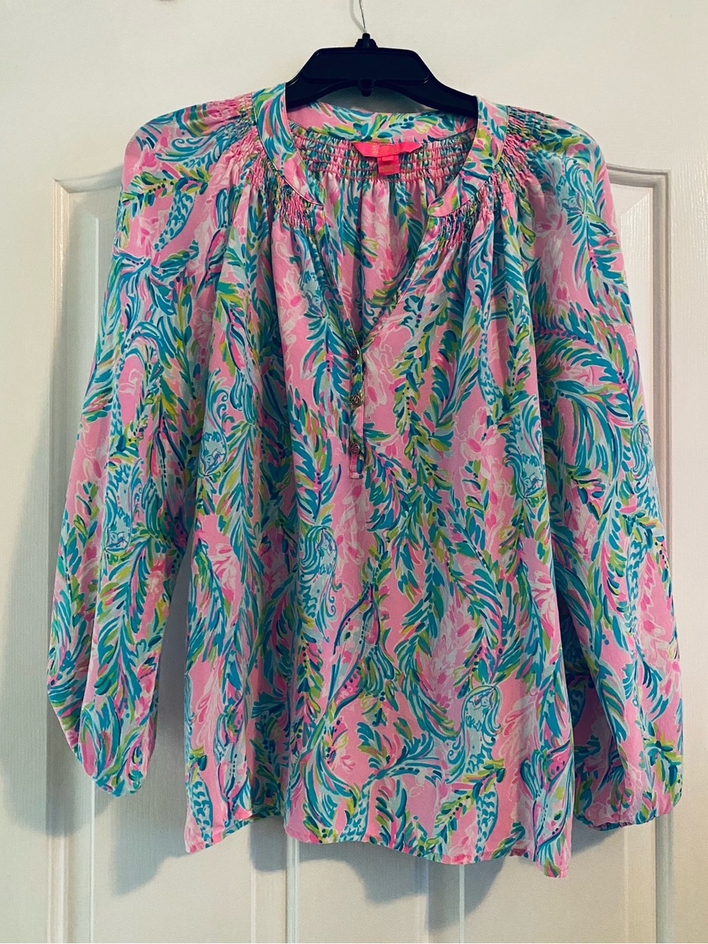 Lilly Pulitzer Pink Multi-Color Leaf Print Silk Blouse